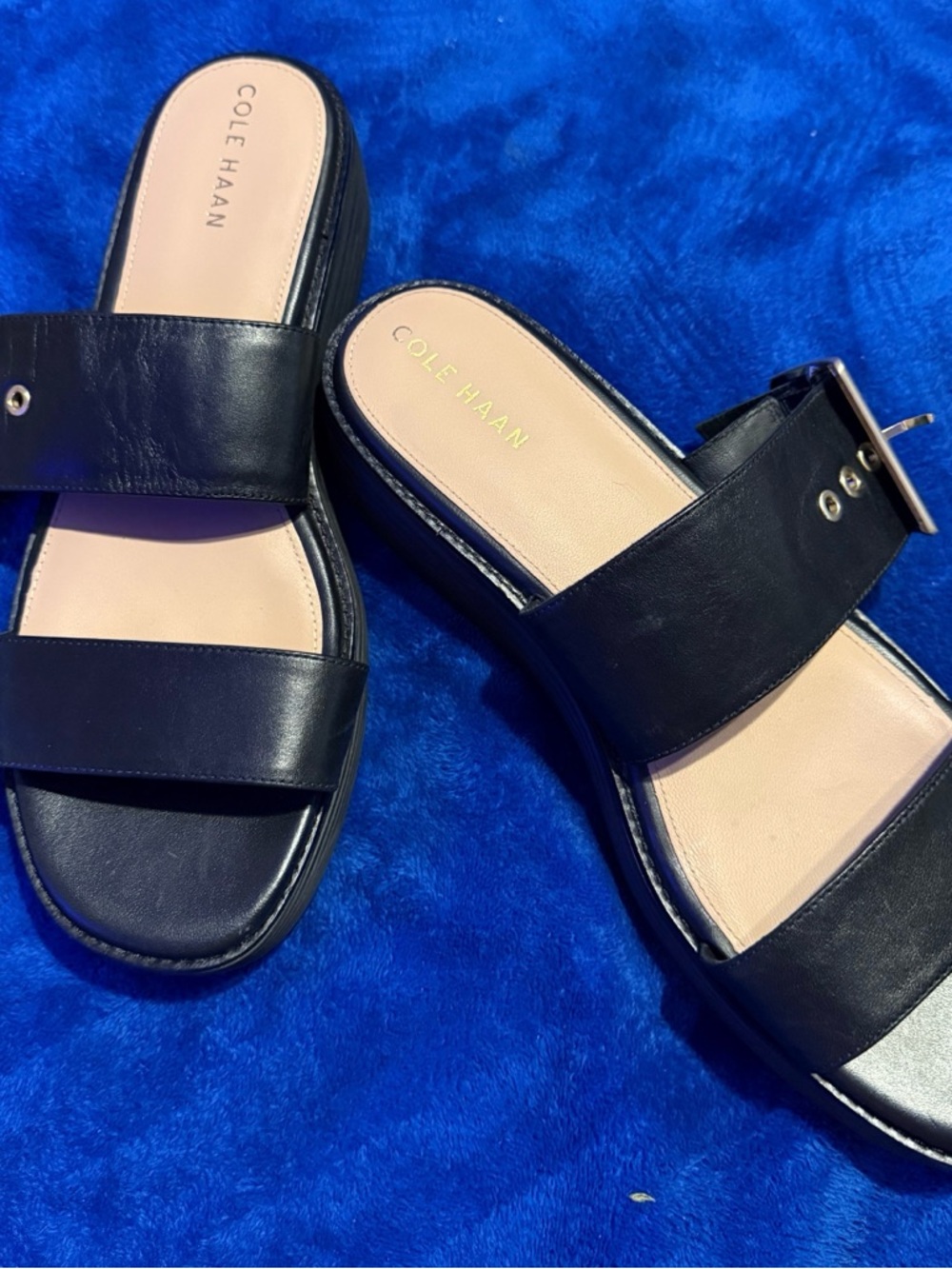 Cole Haan Navy Leather Double-Strap Slide Sandals